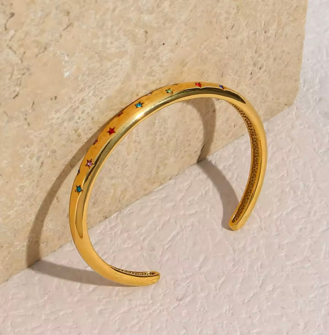 Gold-Plated Open Cuff Bangle with Colourful Zircon Stars