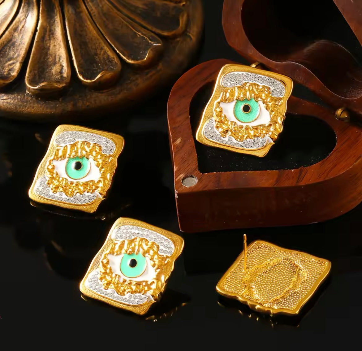 Gold Enamel Evil Eye Stud Earrings for Women – Stainless Steel Waterproof Jewellery with Rhinestones