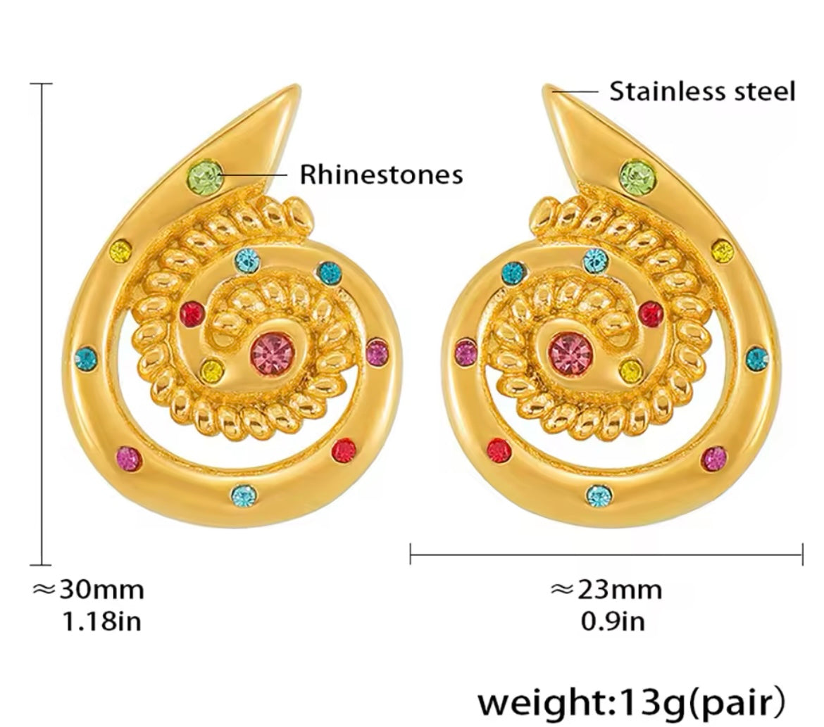 Golden Swirl Statement Earrings with Multicoloured Rhinestones