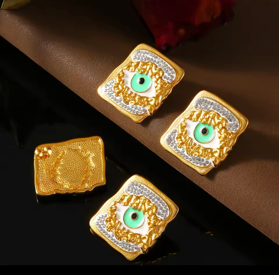 Gold Enamel Evil Eye Stud Earrings for Women – Stainless Steel Waterproof Jewellery with Rhinestones