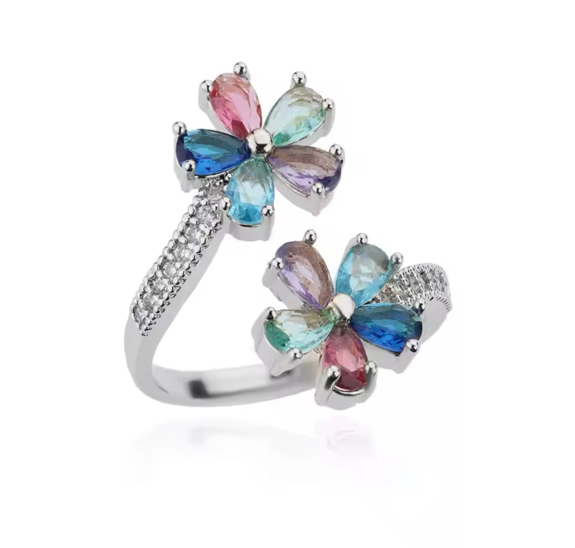 Gold-Plated Double Flower Ring with Colored Zircon