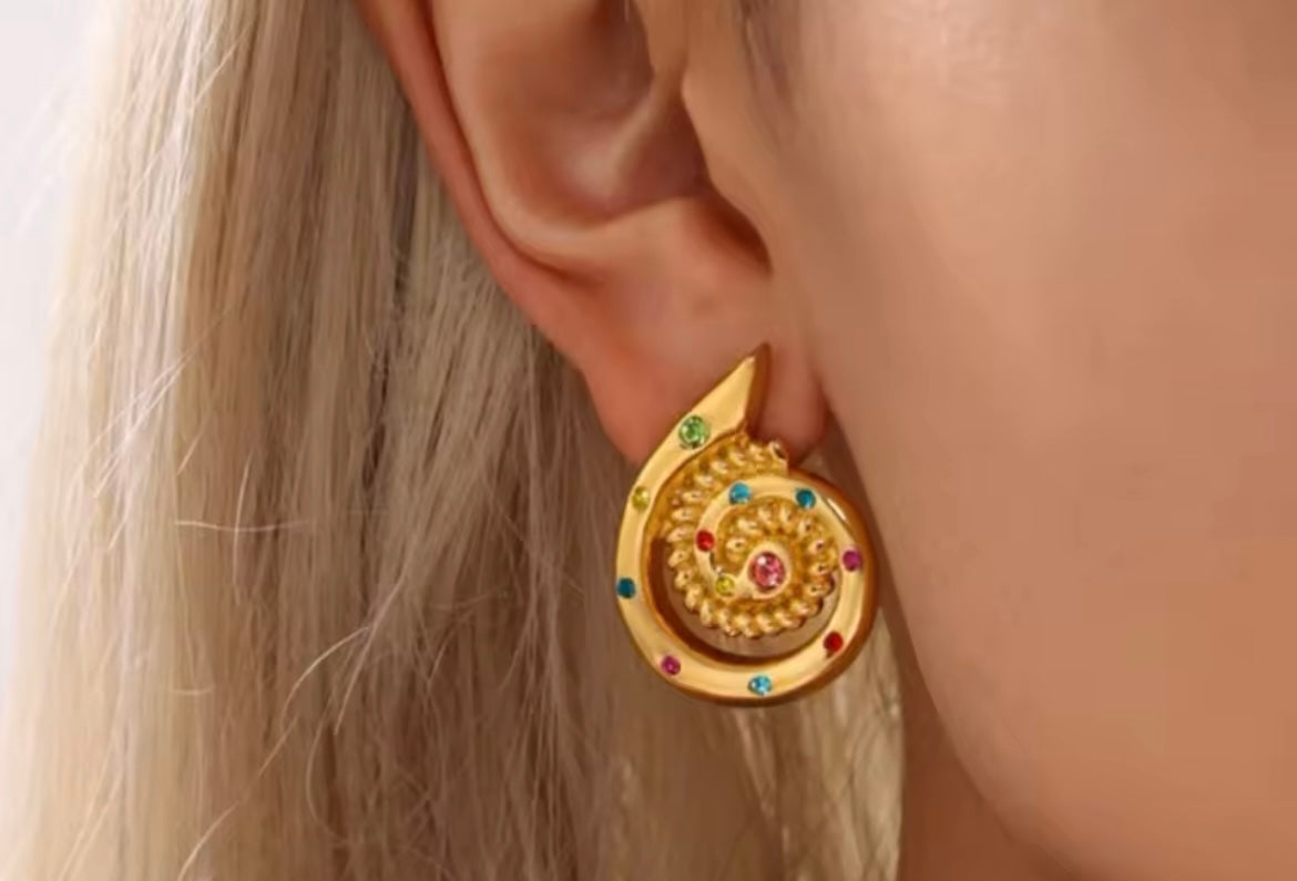 Golden Swirl Statement Earrings with Multicoloured Rhinestones