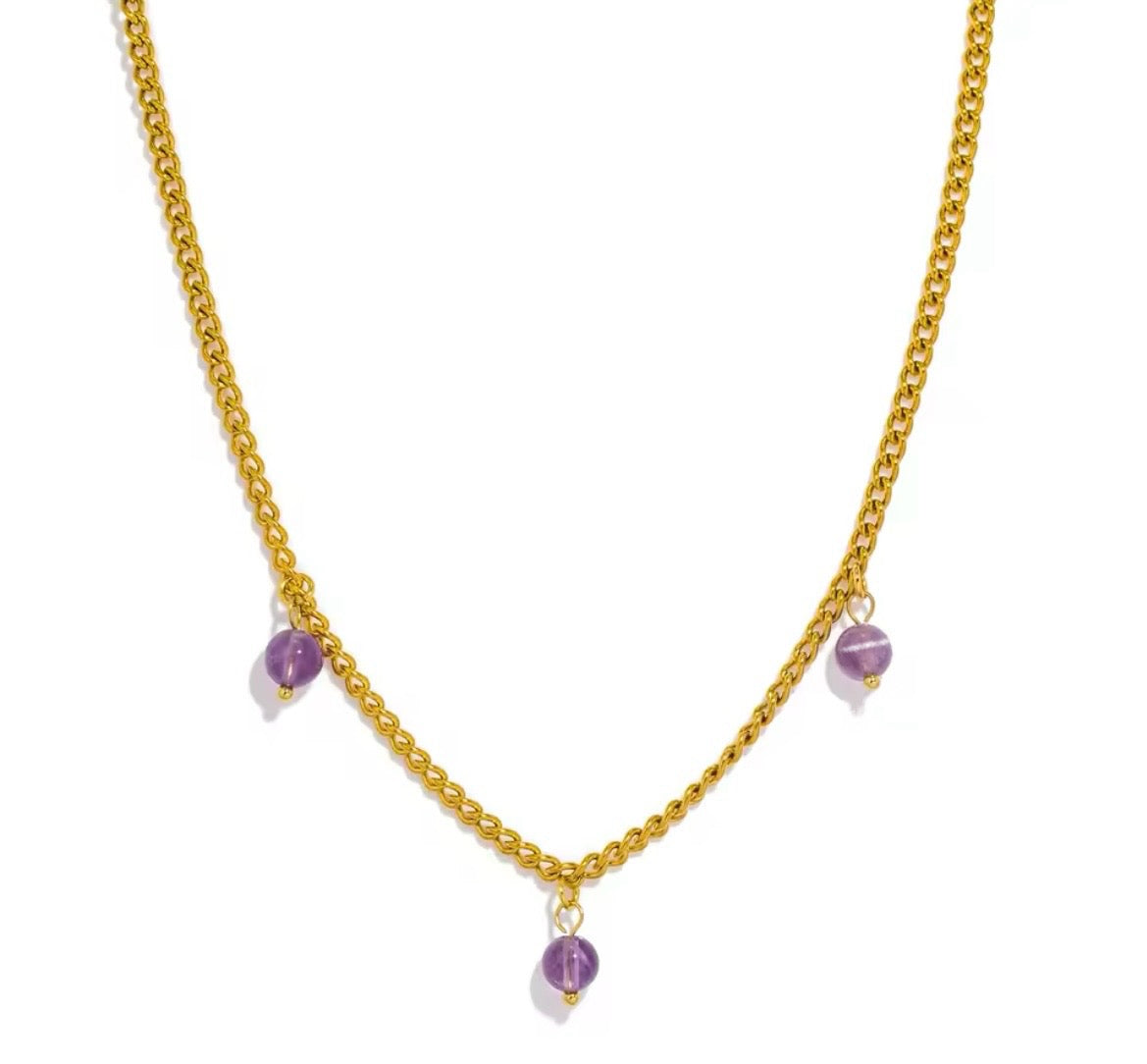 Gold-Plated Stainless Steel Necklace with Natural Amethyst Gemstone Charms
