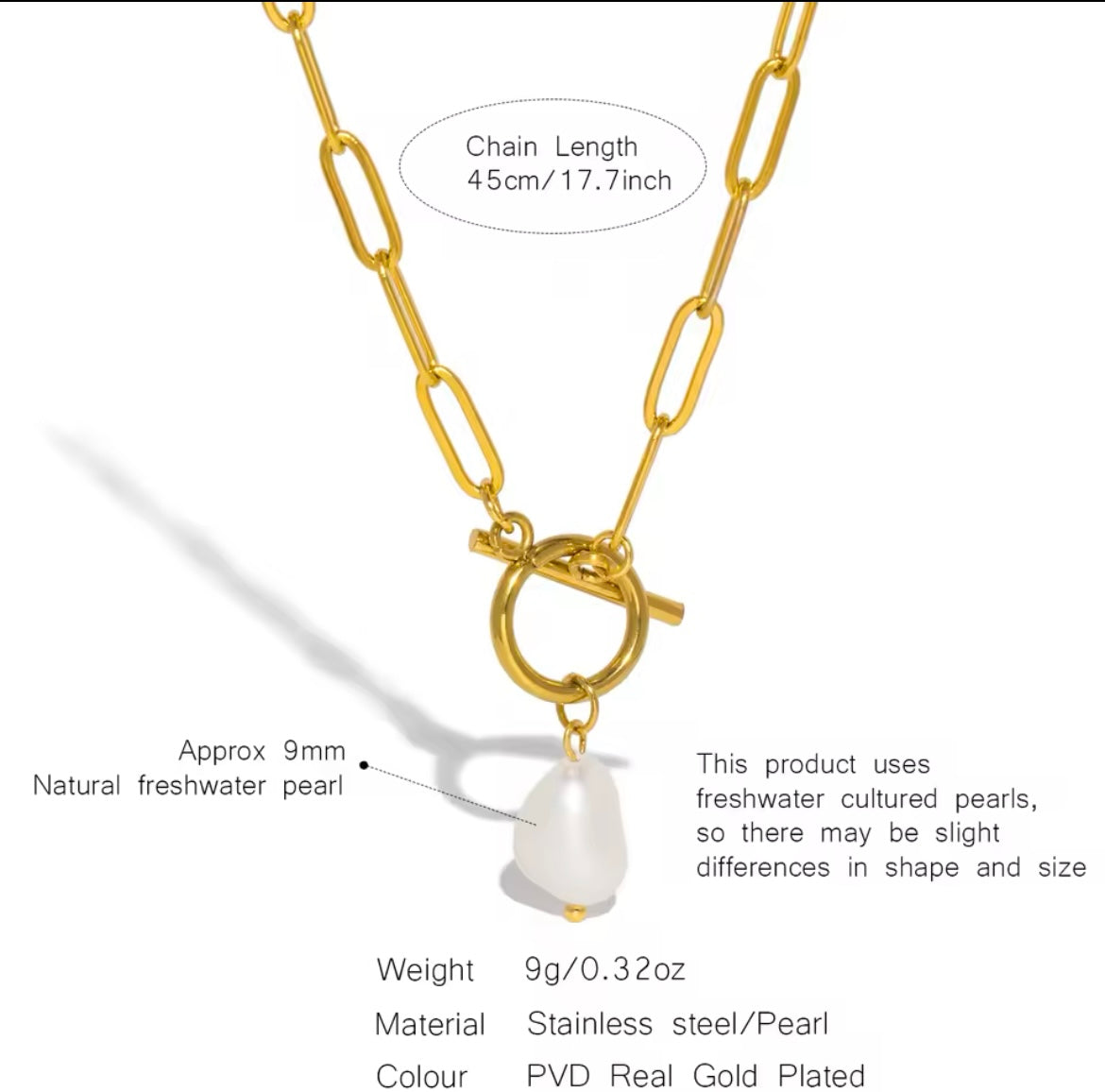 Timeless Pearl Toggle Chain Necklace – Stainless Steel & Gold-Plated