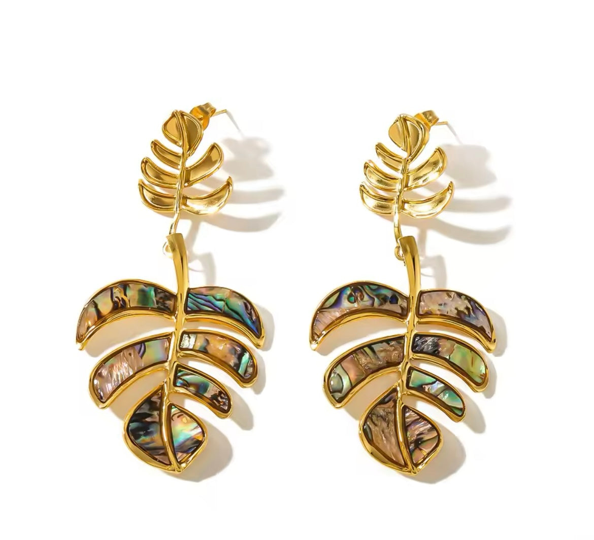 Big Leaves Drop Dangle Statement Earrings – 18k PVD Plated with Natural Shell