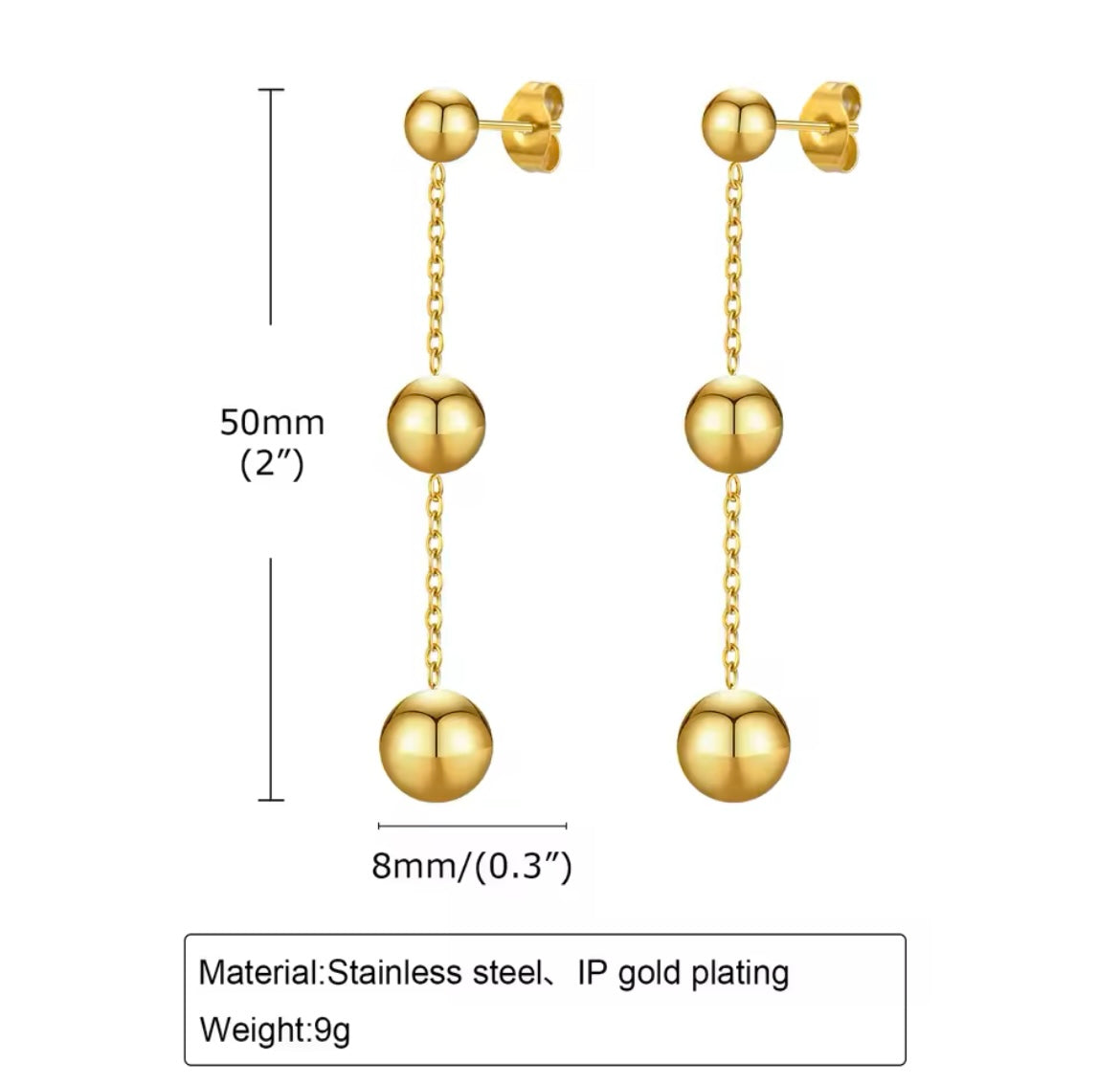 Minimalist Gold-Plated Stainless Steel Dangle Ball Earrings