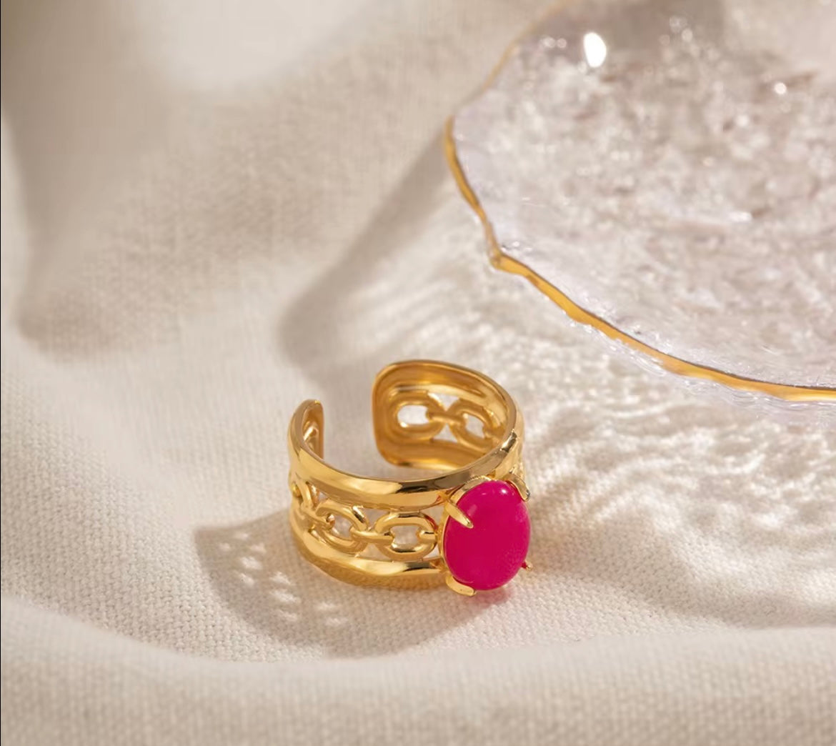 Bold Majesty Open Band Ring – 18K Gold Plated with Pink Oval Crystal (Size 7)