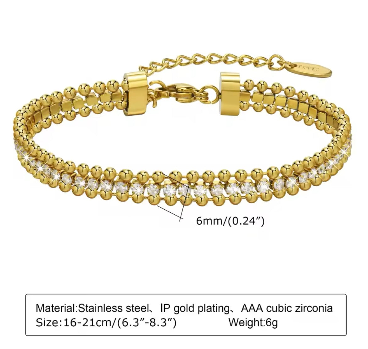 Elegant Gold-Plated Stainless Steel Crystal Beaded Bracelet