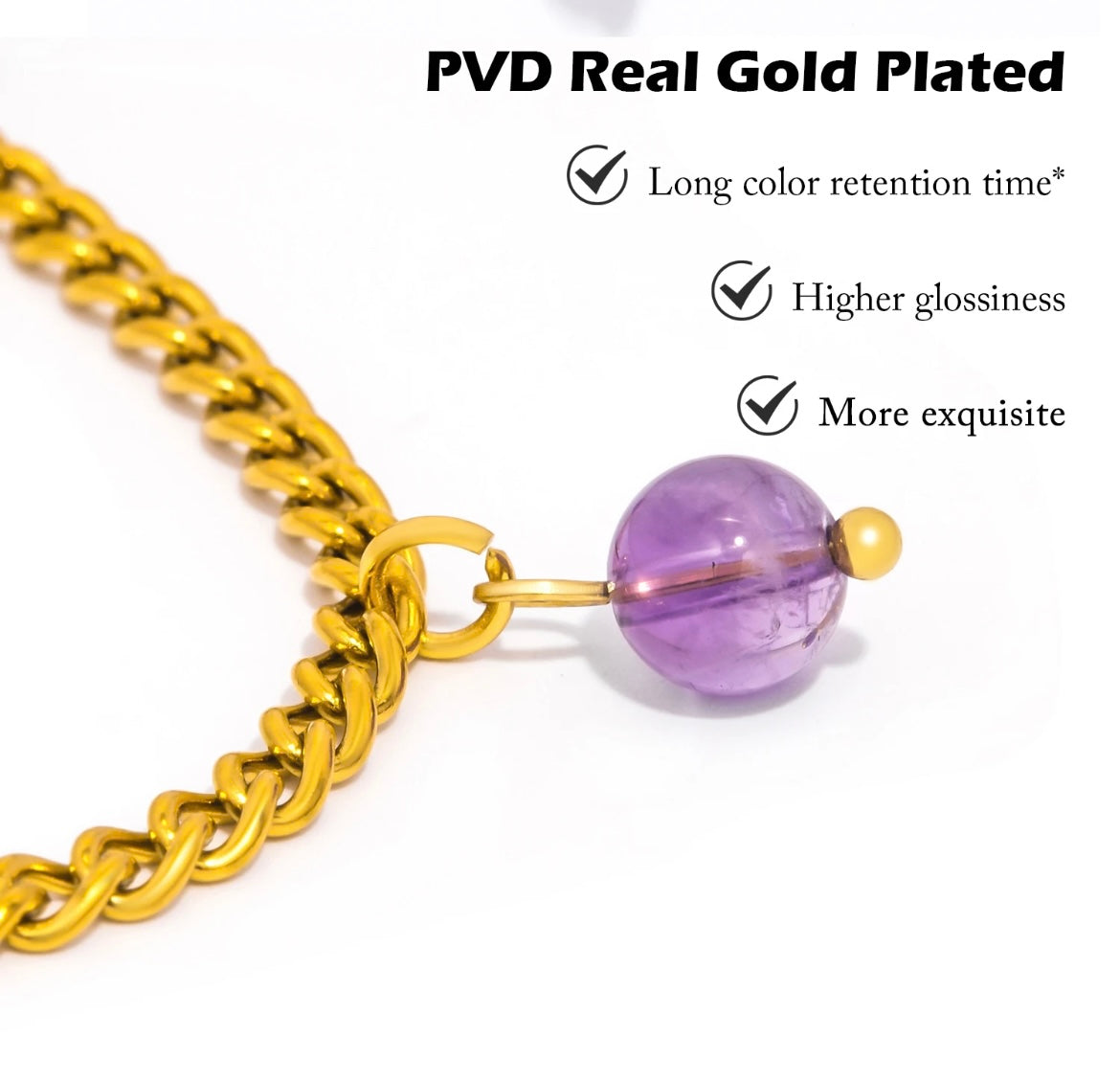 Gold-Plated Stainless Steel Necklace with Natural Amethyst Gemstone Charms