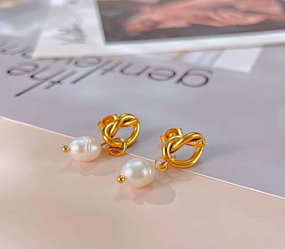 Golden Knot Pearl Drop Earrings