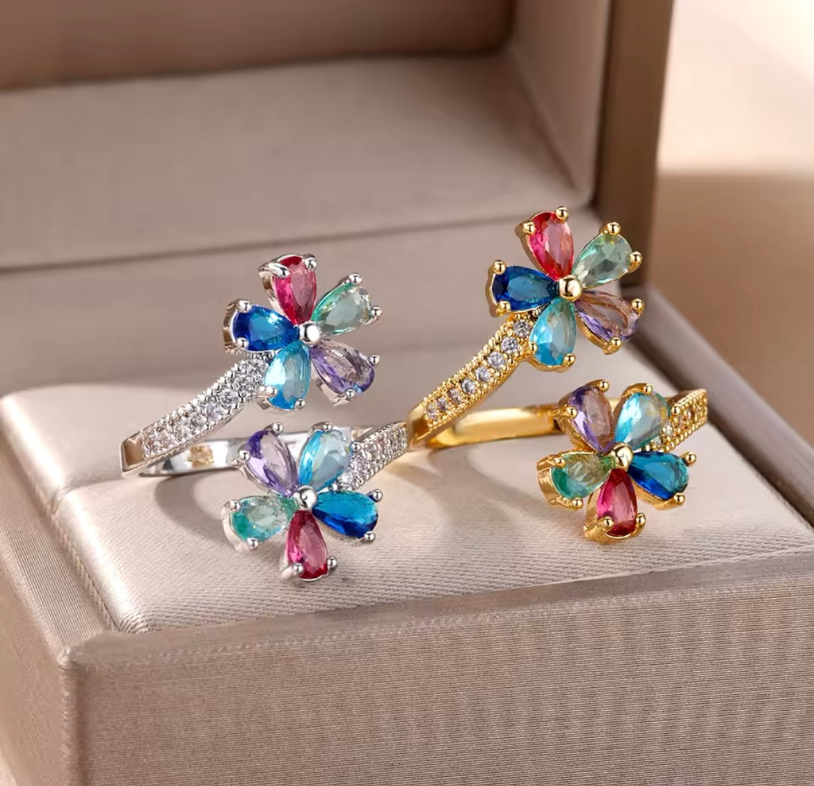 Gold-Plated Double Flower Ring with Colored Zircon
