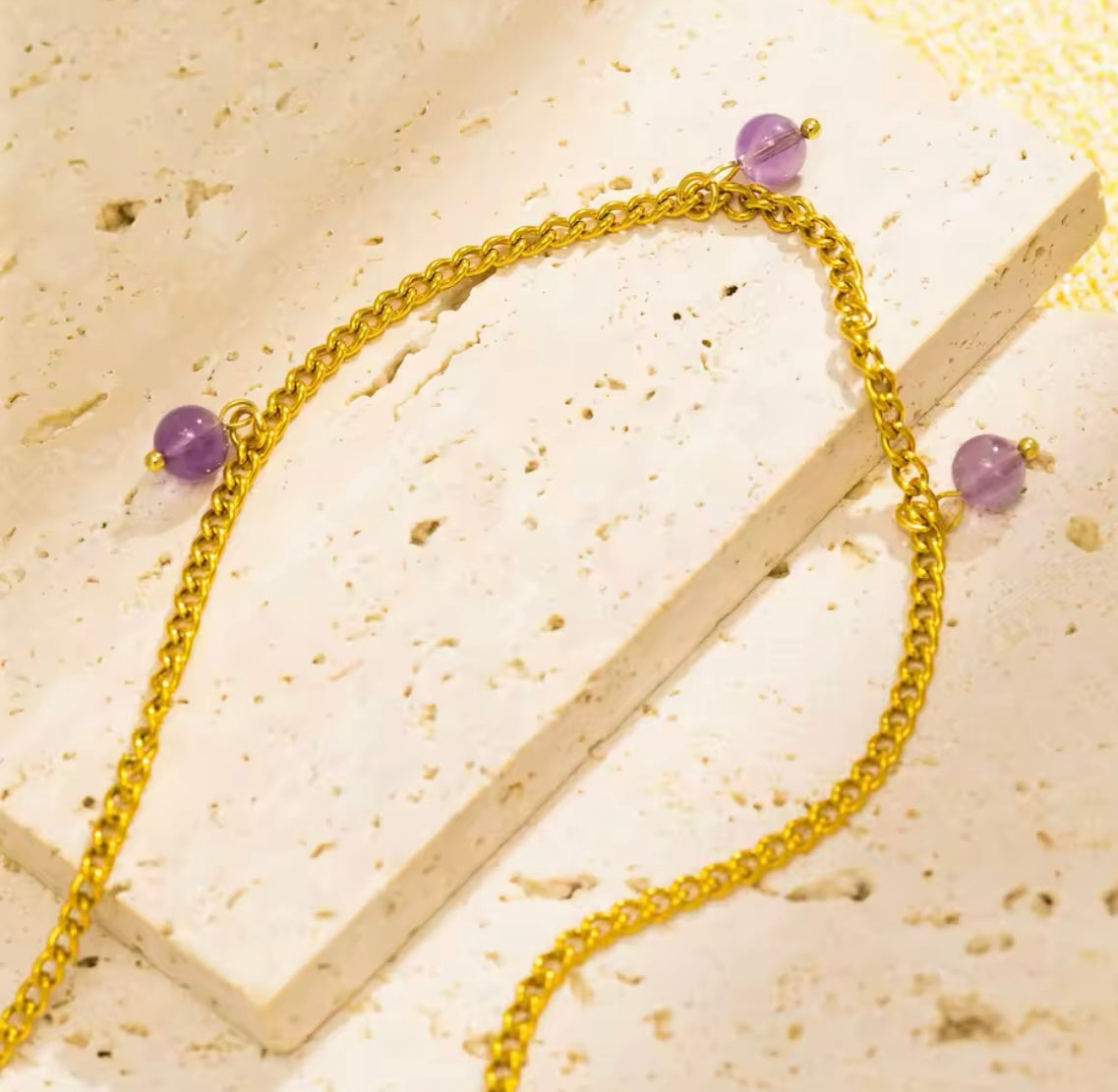 Gold-Plated Stainless Steel Necklace with Natural Amethyst Gemstone Charms