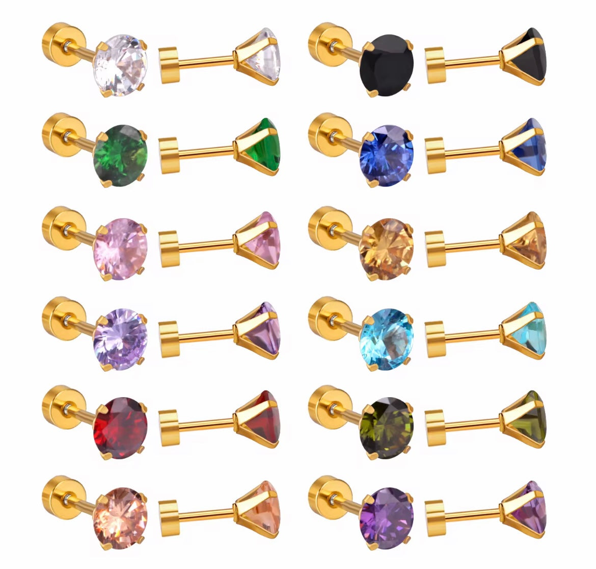 Twist-Back Flat Stud Earrings – Cubic Zirconia Stainless Steel (Gold Plated)