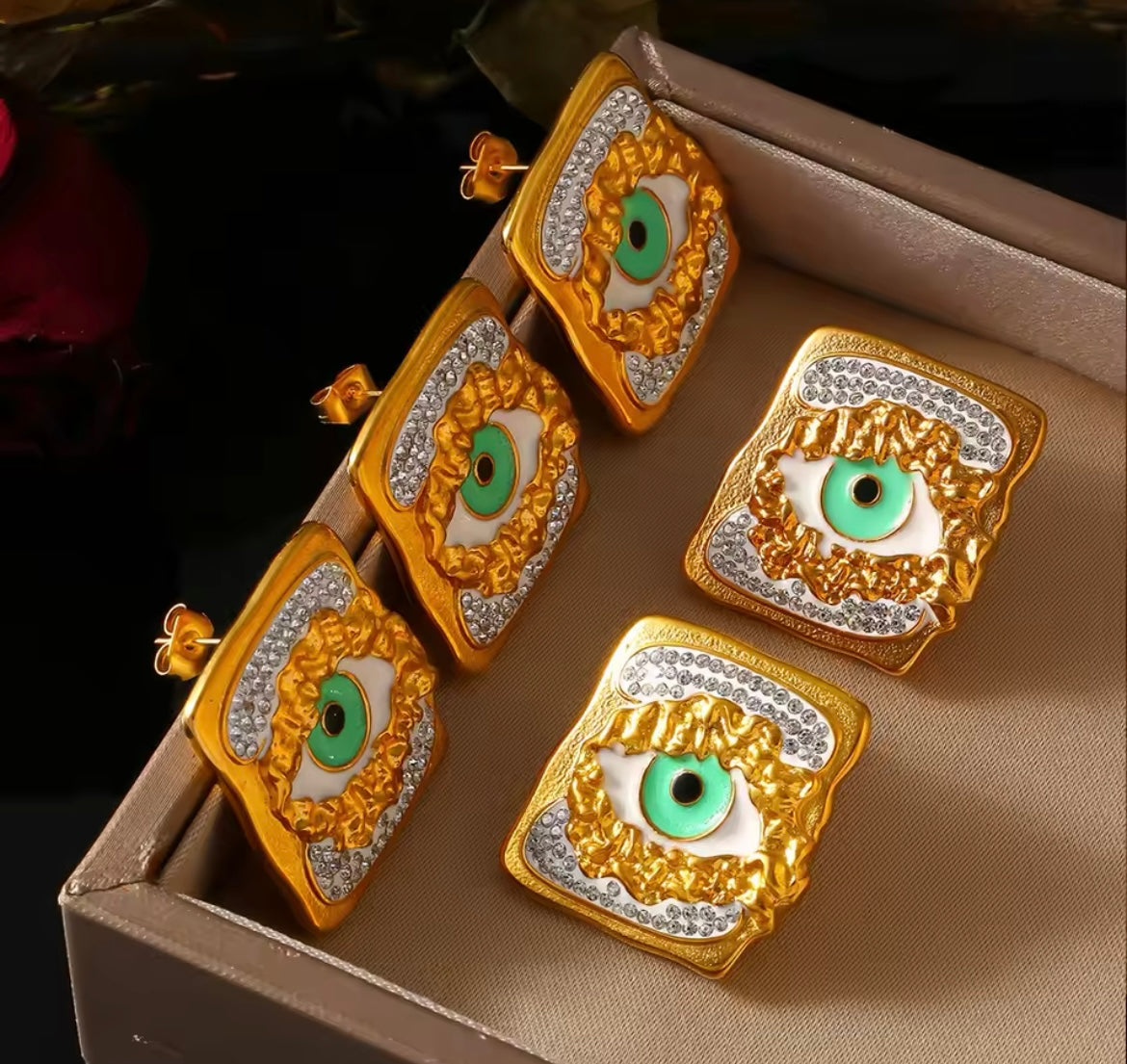 Gold Enamel Evil Eye Stud Earrings for Women – Stainless Steel Waterproof Jewellery with Rhinestones