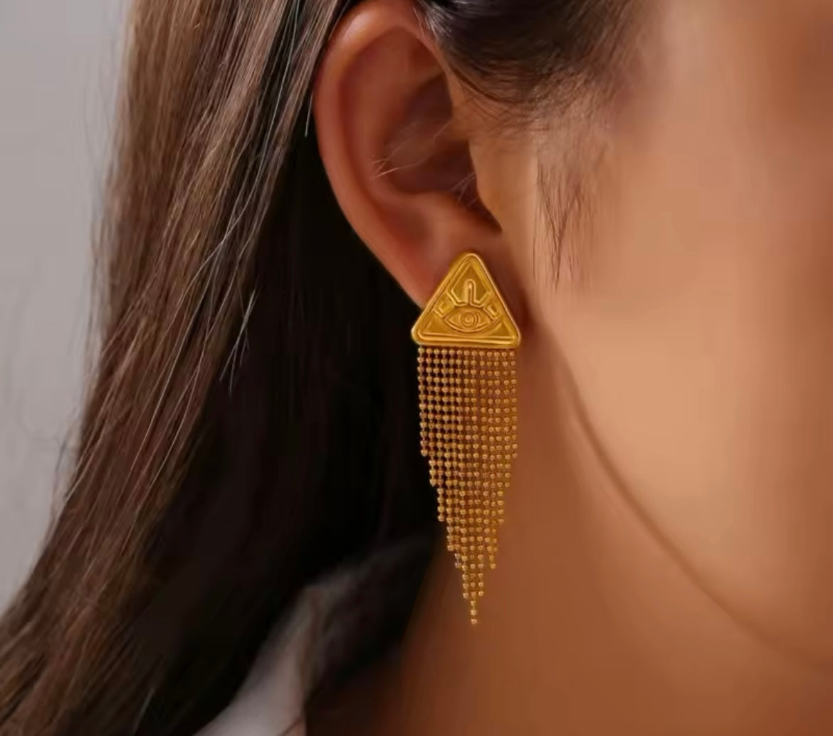 Stainless Steel Tassel Dangle Earrings – Gold Triangle Evil Eye