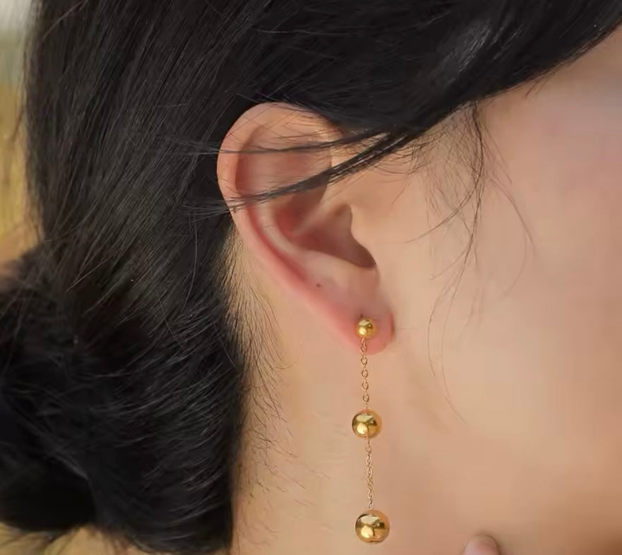 Minimalist Gold-Plated Stainless Steel Dangle Ball Earrings