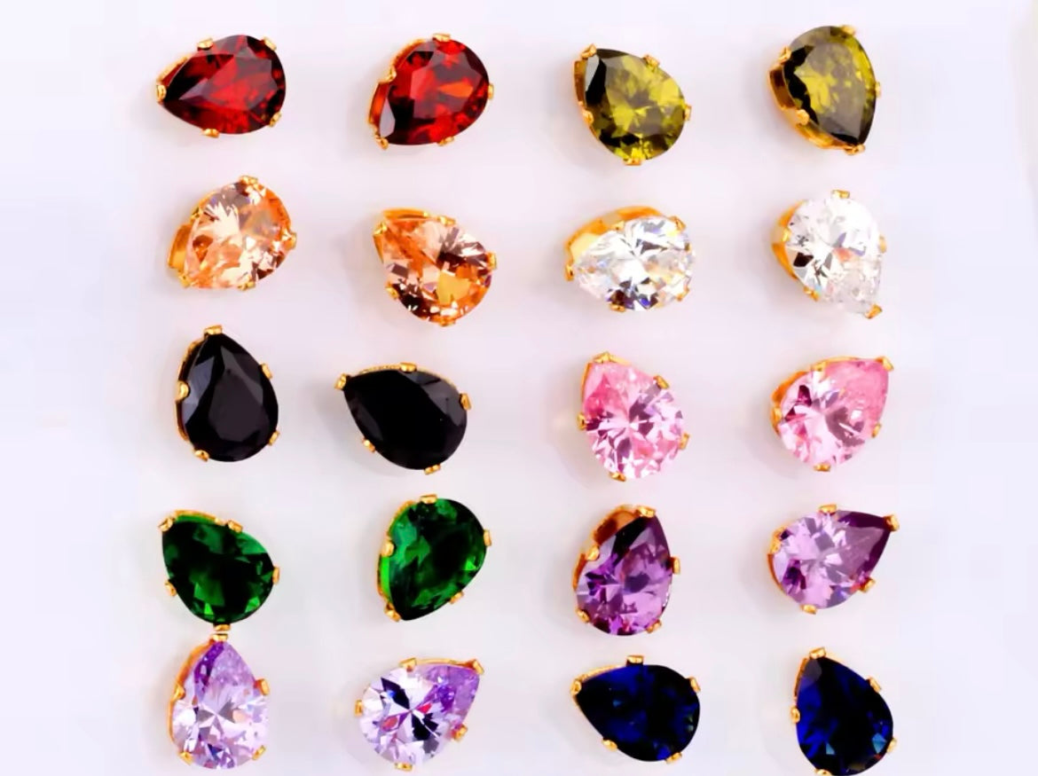 Colourful Crystal Tear Drop Obal-Shaped Cubic Zirconia Stud Earrings – Stainless Steel Jewellery