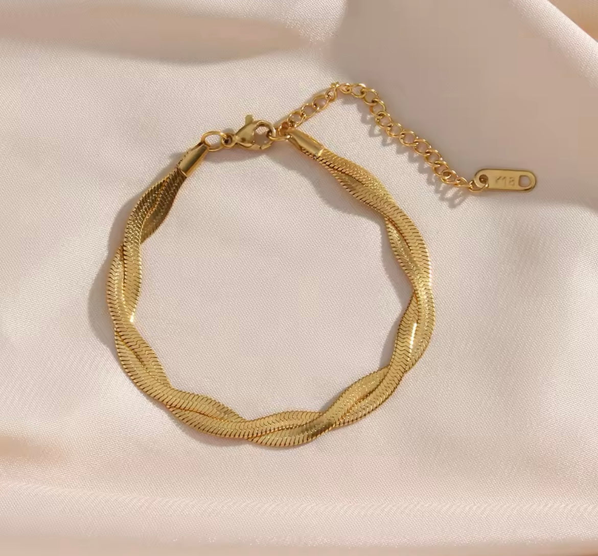 Twist Snake Chain Necklace & Bracelet (Gold-Plated Stainless Steel)