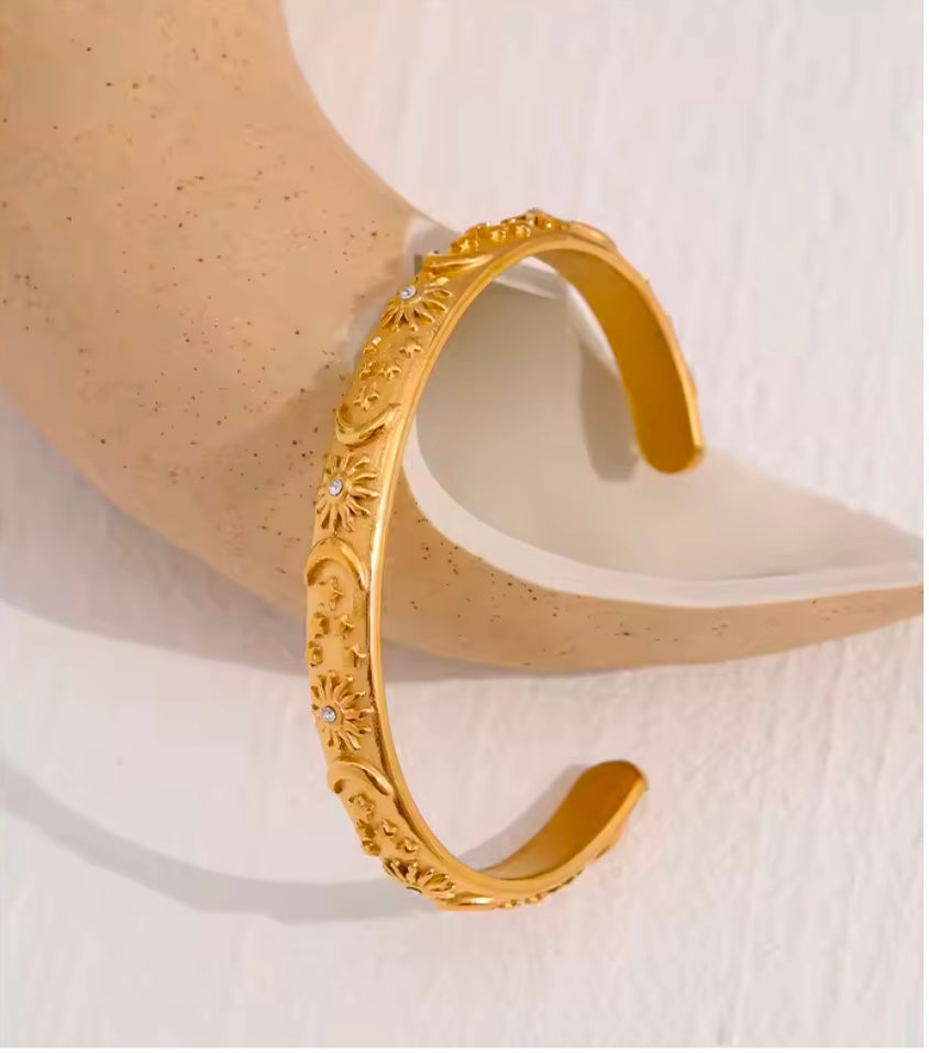 Sun, Moon, and Star Adjustable Gold-Plated Cuff Bracelet Stainless Steel