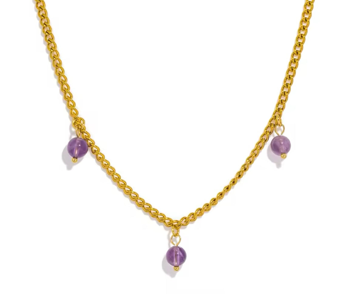 Gold-Plated Stainless Steel Necklace with Natural Amethyst Gemstone Charms