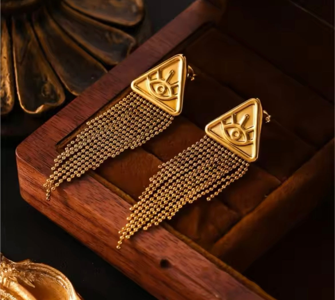 Stainless Steel Tassel Dangle Earrings – Gold Triangle Evil Eye