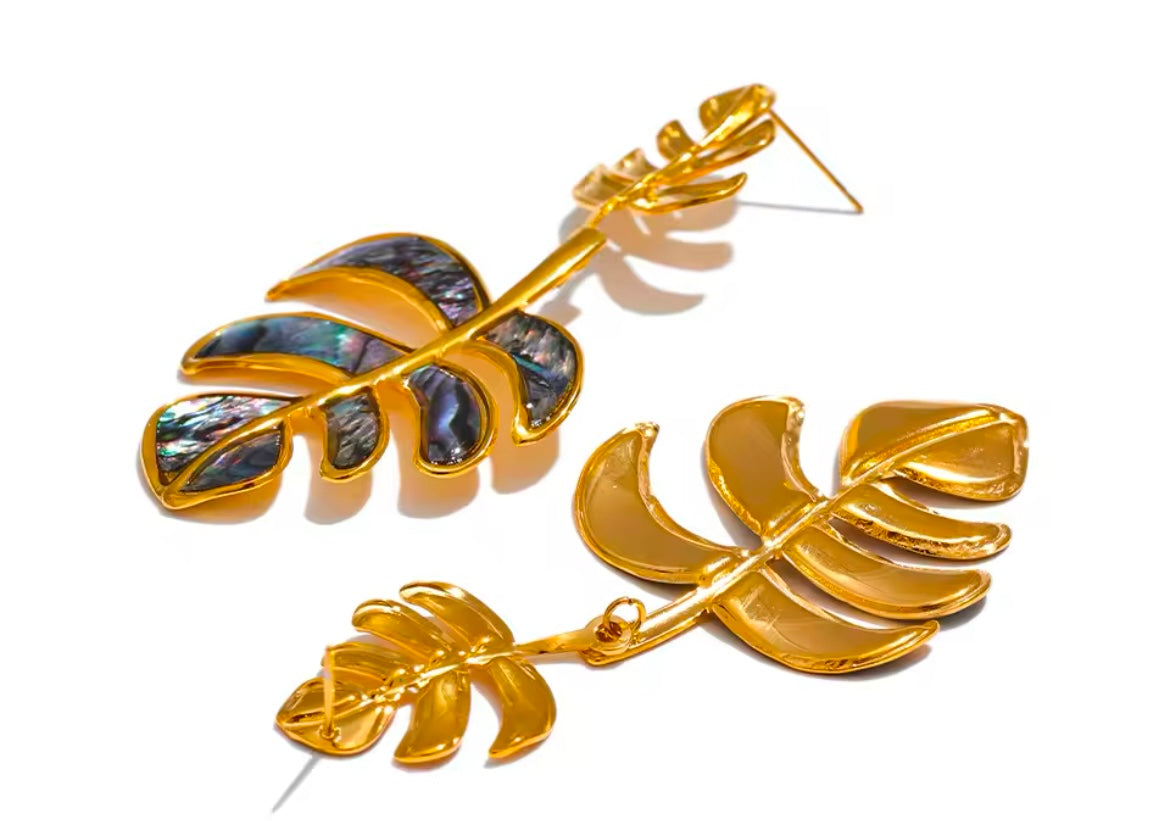 Big Leaves Drop Dangle Statement Earrings – 18k PVD Plated with Natural Shell