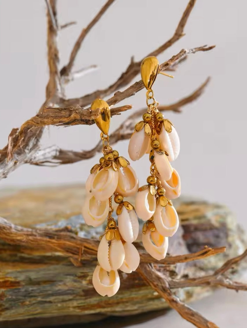 Natural Shell 18K Gold Plated Dangle Earrings – Stainless Steel Handmade Beach Style