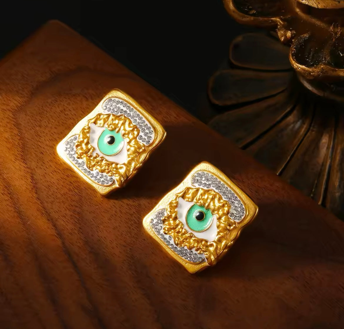 Gold Enamel Evil Eye Stud Earrings for Women – Stainless Steel Waterproof Jewellery with Rhinestones