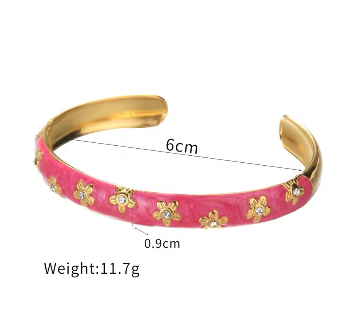 Enamel Bloom & Starburst Cuff Bracelets – Stainless Steel