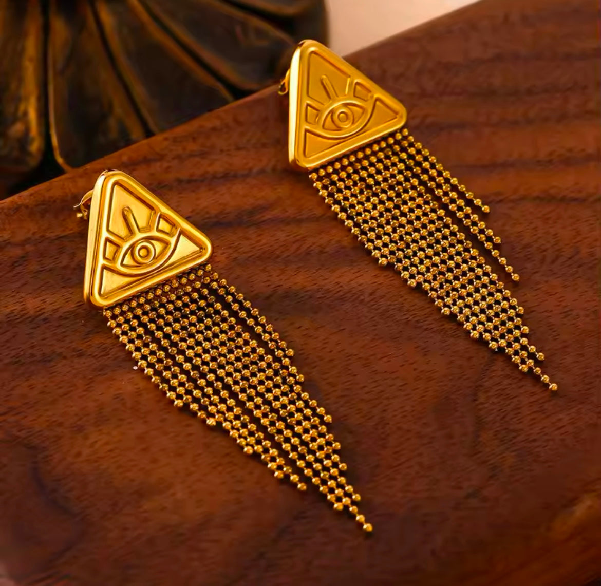 Stainless Steel Tassel Dangle Earrings – Gold Triangle Evil Eye