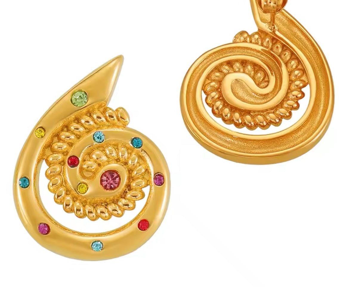 Golden Swirl Statement Earrings with Multicoloured Rhinestones