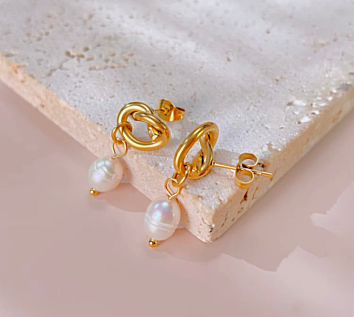 Golden Knot Pearl Drop Earrings