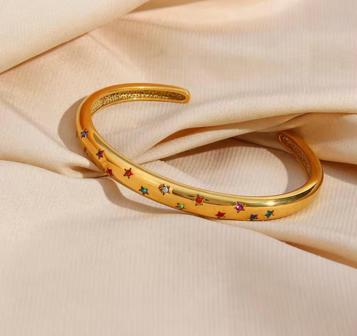 Gold-Plated Open Cuff Bangle with Colourful Zircon Stars