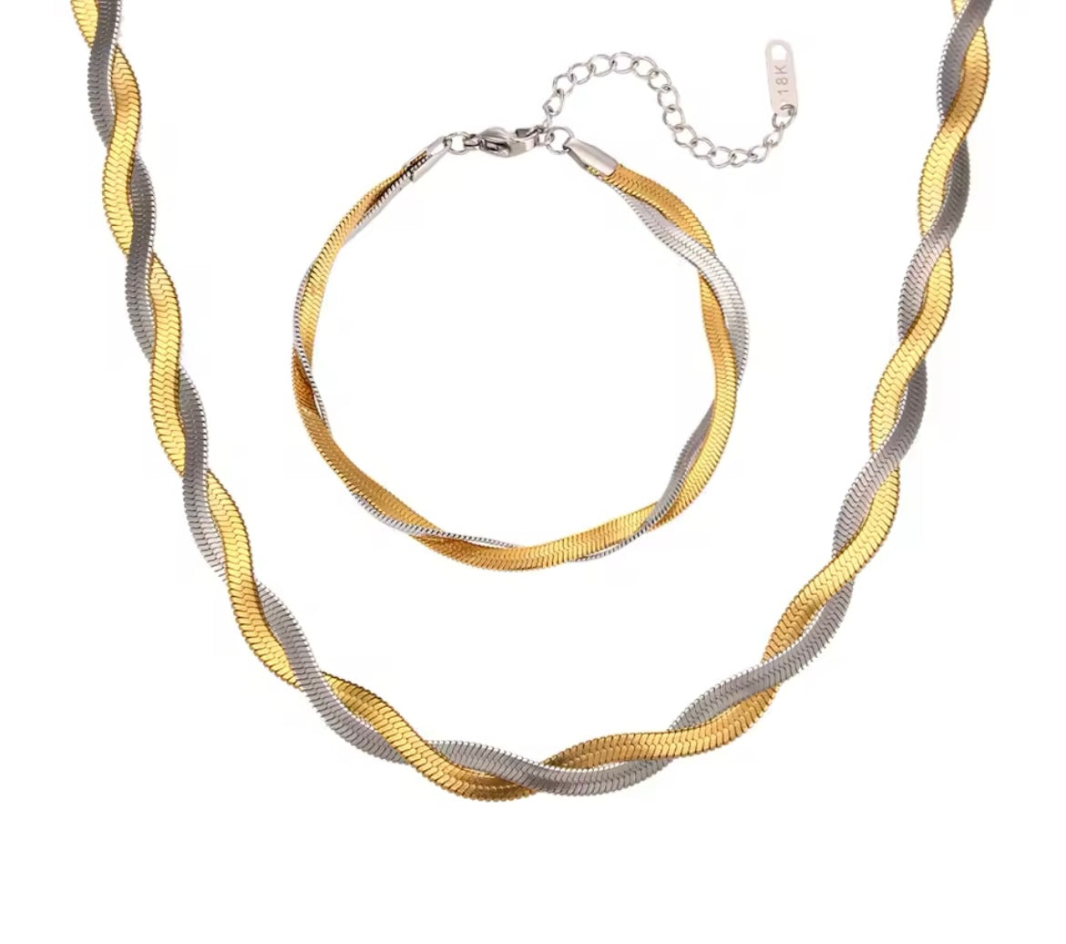 Dual-Tone Twist Chain Necklace & Bracelet (Gold-Plated Stainless Steel)