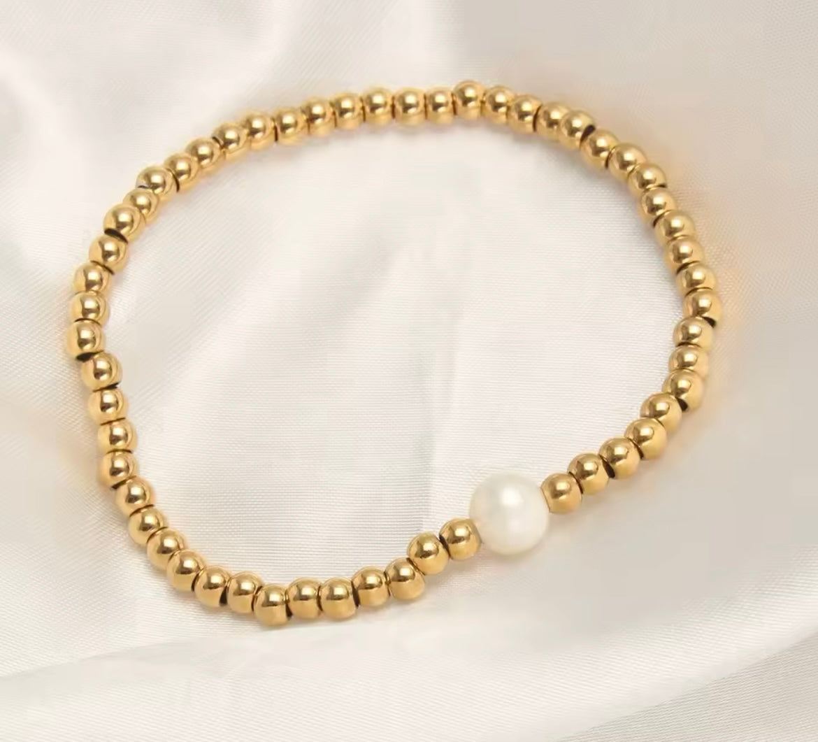 Golden Beaded Bracelet with Imitation Pearl – Stainless Steel