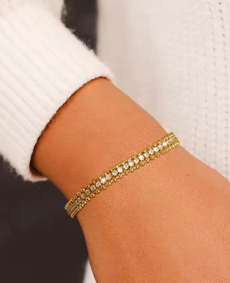 Elegant Gold-Plated Stainless Steel Crystal Beaded Bracelet
