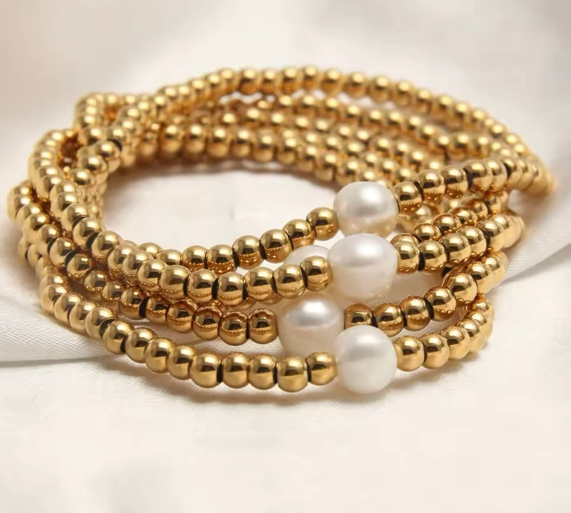 Golden Beaded Bracelet with Imitation Pearl – Stainless Steel