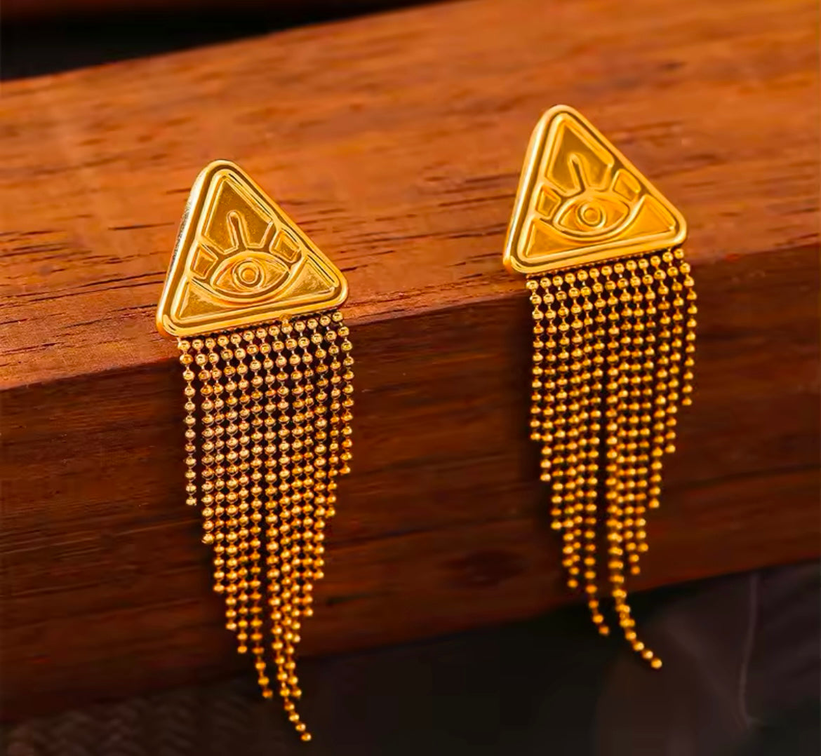 Stainless Steel Tassel Dangle Earrings – Gold Triangle Evil Eye