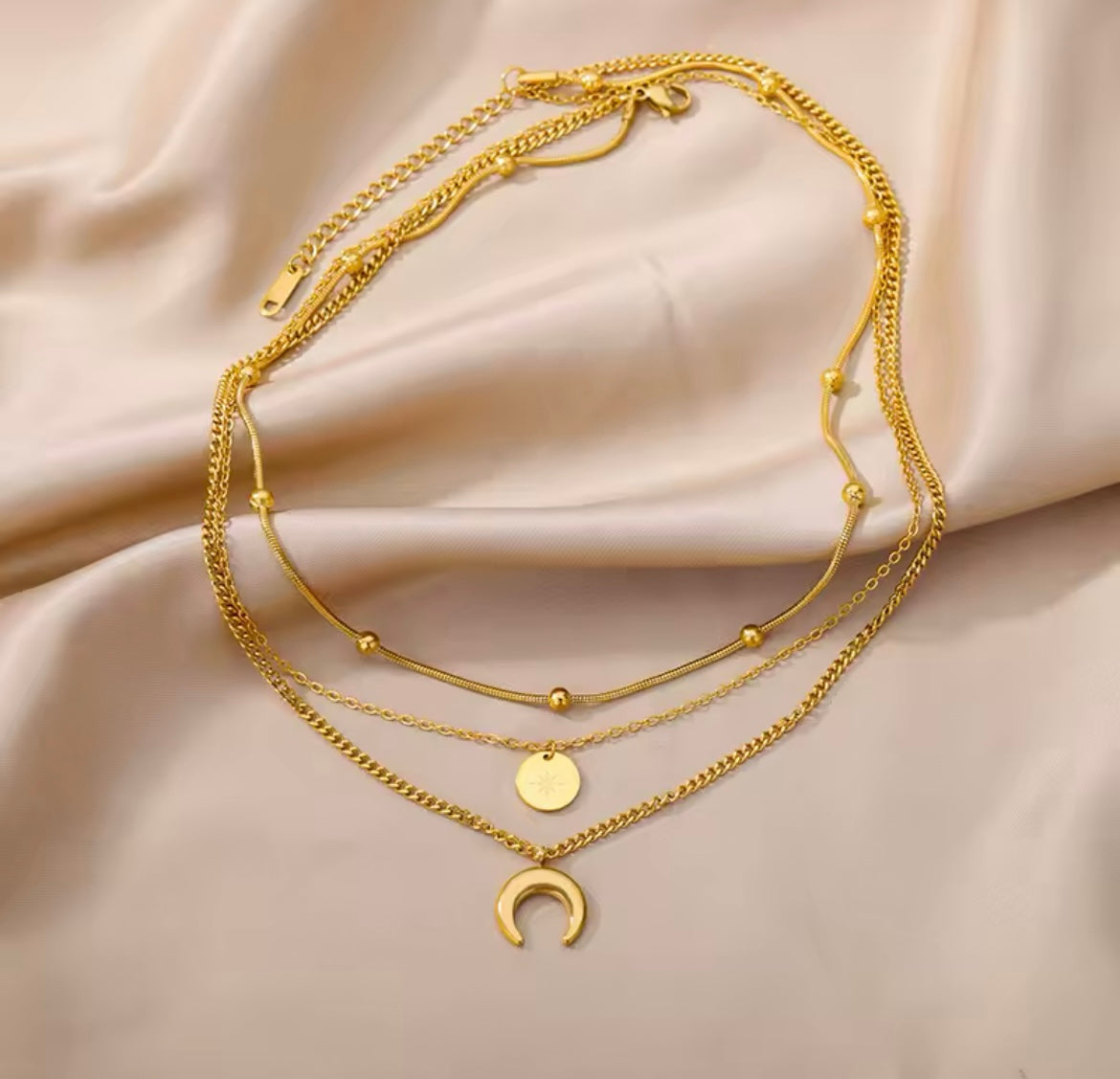 Fashion Moon Pendant Necklace for Women – Stainless Steel Multilayer Gold Plated Chain