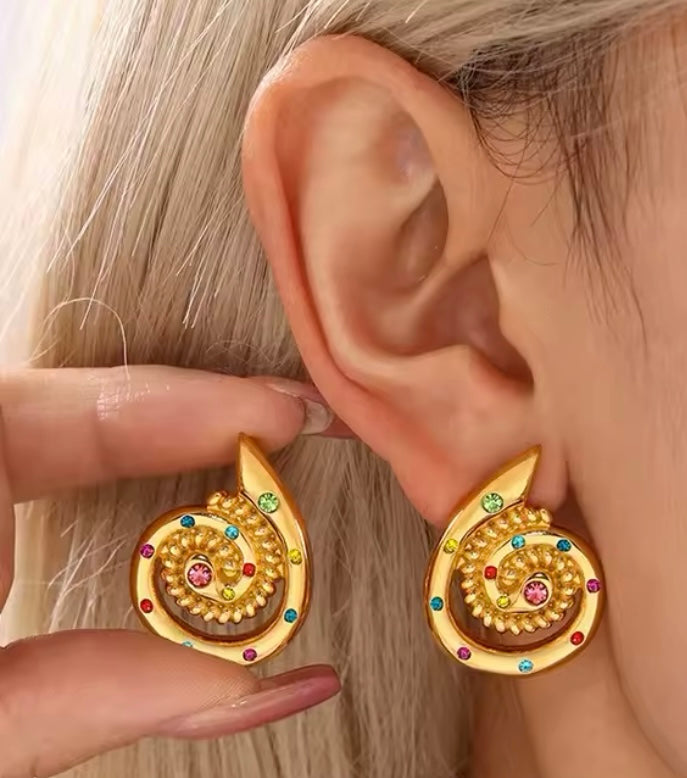 Golden Swirl Statement Earrings with Multicoloured Rhinestones