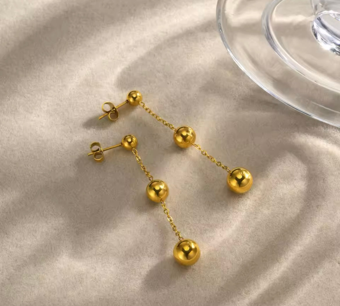 Minimalist Gold-Plated Stainless Steel Dangle Ball Earrings