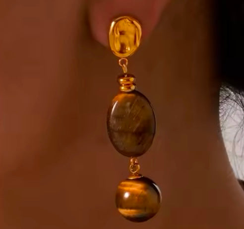 Women’s Gold-Plated Tiger Eye Stone Dangle Earrings – Stainless Steel Jeweller