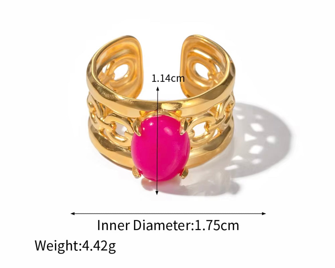 Bold Majesty Open Band Ring – 18K Gold Plated with Pink Oval Crystal (Size 7)
