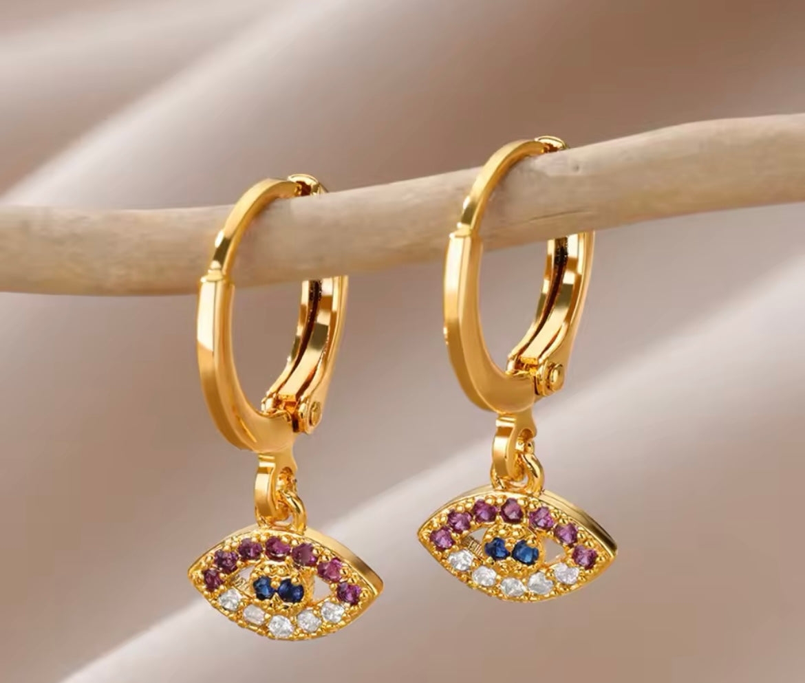 Evil Eye Charm Hoop Earrings – Gold-Plated Stainless Steel