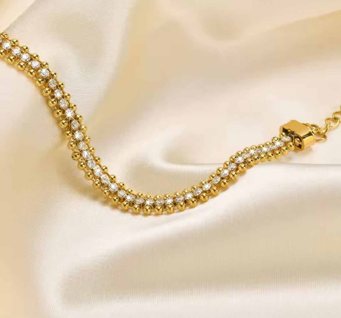 Elegant Gold-Plated Stainless Steel Crystal Beaded Bracelet