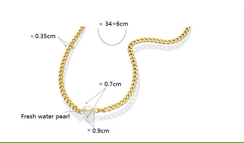 Fresh Water Pearl Pendant Choker Necklace with Cuban Chain in 18K Gold Plated Stainless Steel.