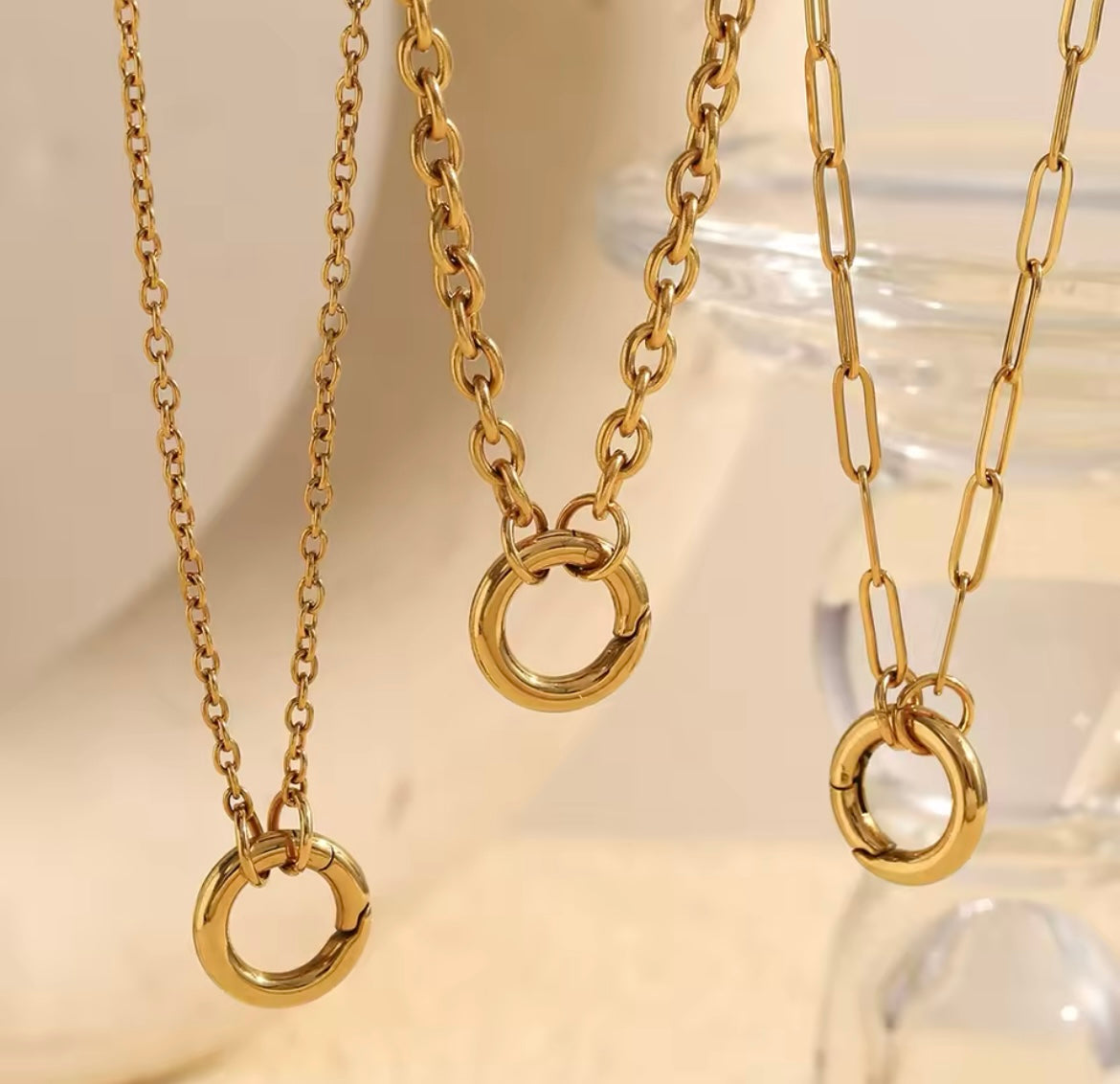 Charm Clasp Chain Necklace – 18K Gold Plated Stainless Steel (Thick & Slim Options)