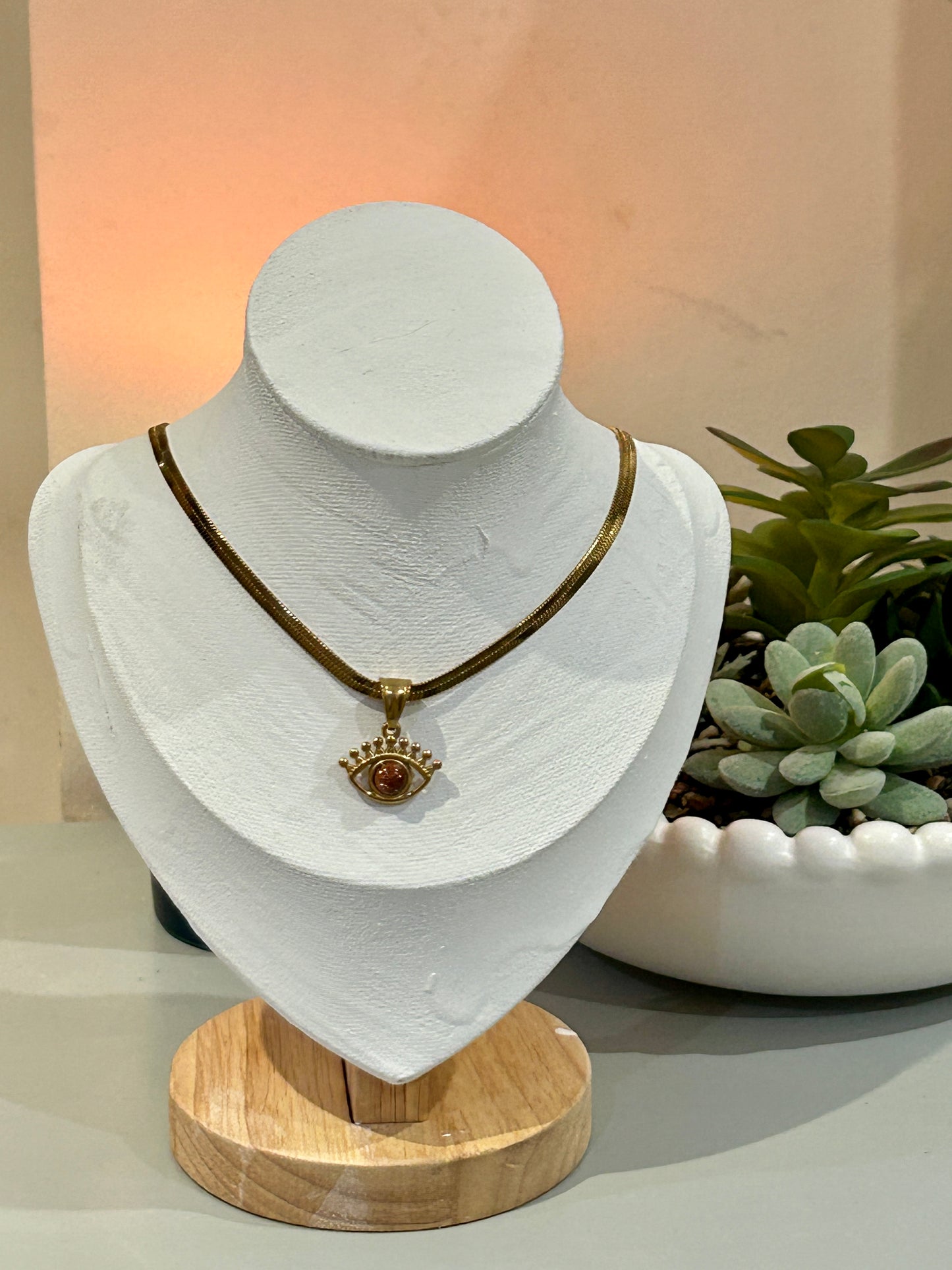 Evil Eye Snake Chain Necklace – Removable Natural Stone Pendant