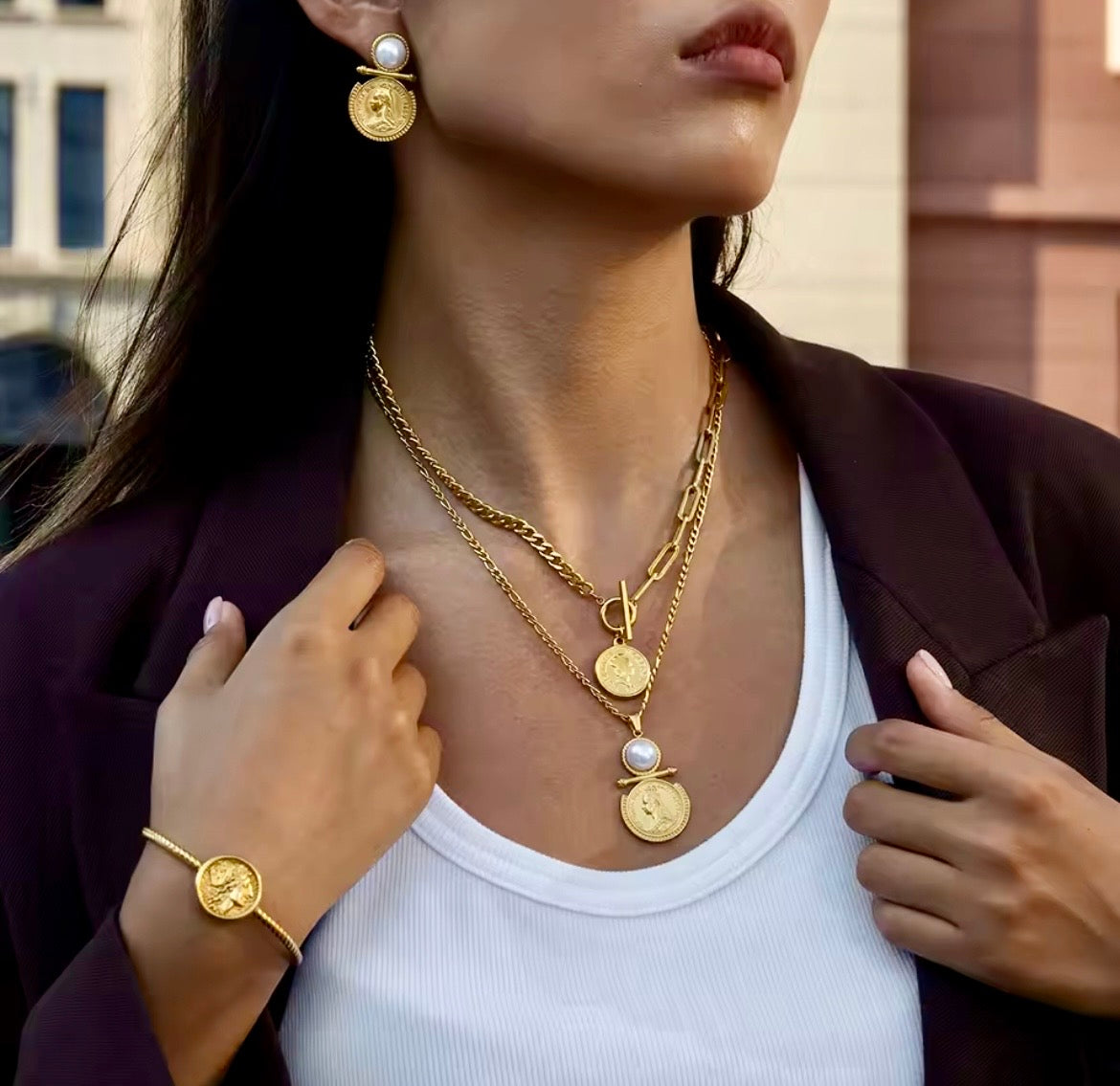 Victoria Pearl Coin Necklace & Earrings