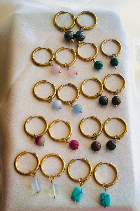 Golden Gemstone Hoop Earrings – Natural Stone Collection - Handmade